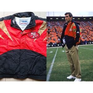 San Francisco 49ers 90s APEX puffer SHARK Tooth jacket XL red black NFL Pro vtg